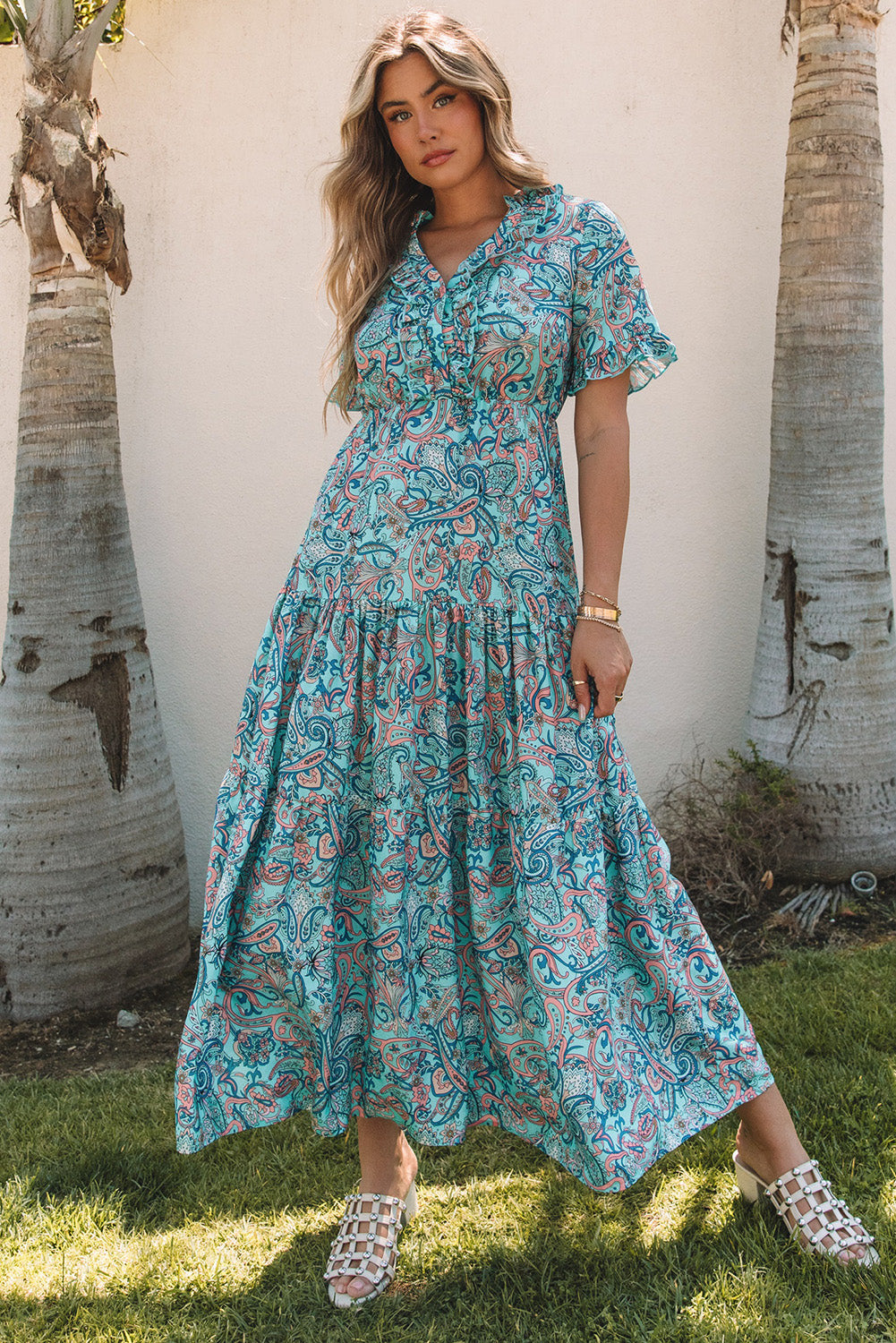 Pink Paisley Print Boho Holiday Ruffle Tiered Maxi Dress