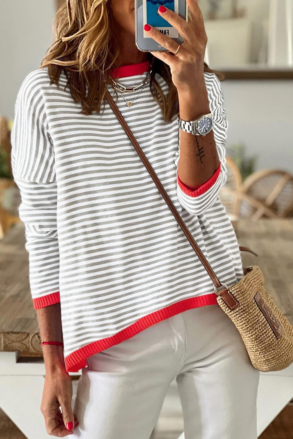 Fiery Red Contrast Trimmed Striped Drop Shoulder Sweater