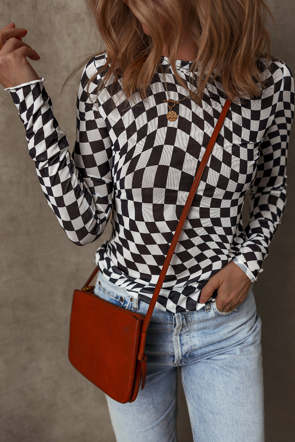 Khaki Checkered Pattern Mesh Mock Neck Long Sleeve Top