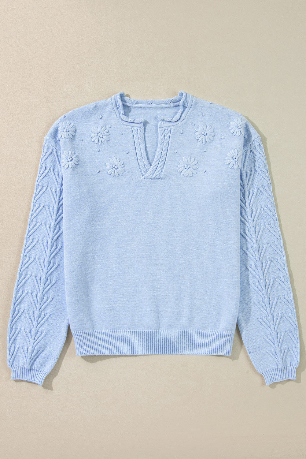 White Flower Detail Knitted Notched Neck Sweater