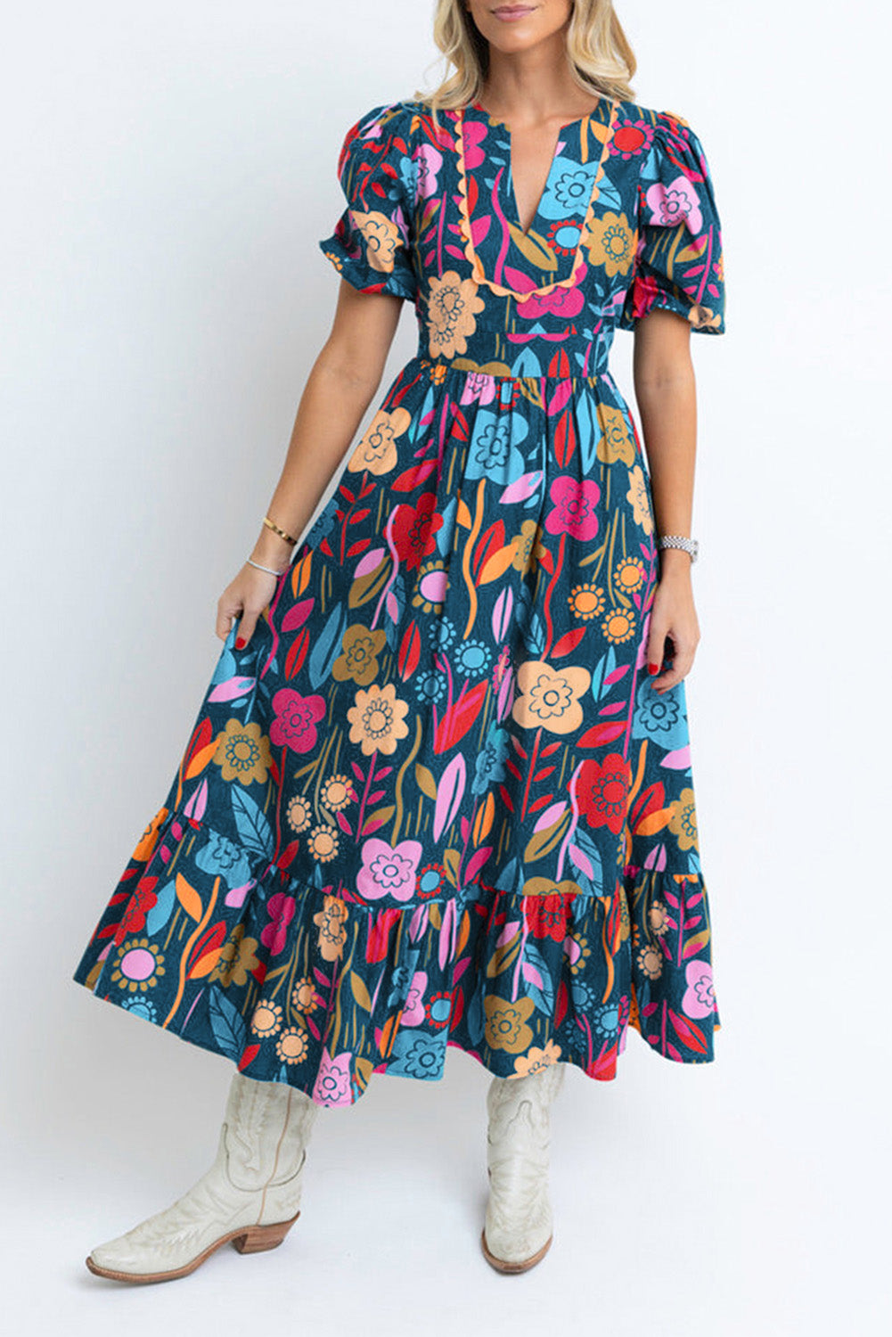 Black Retro Floral Printed Split Neck Maxi Dress