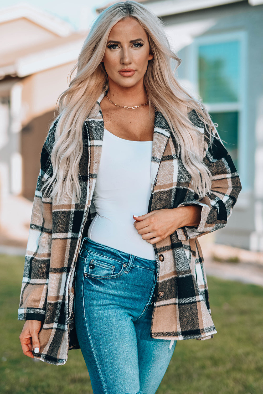 Orange Plaid Print Buttoned Shirt Jacket