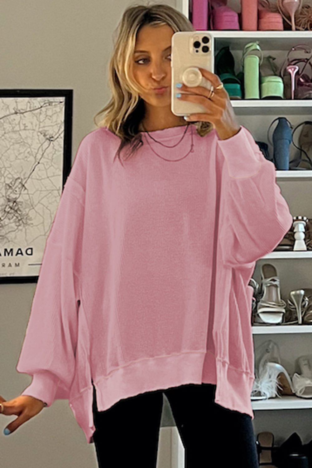 Gray Waffle knit Bishop Sleeve Split Oversized Top