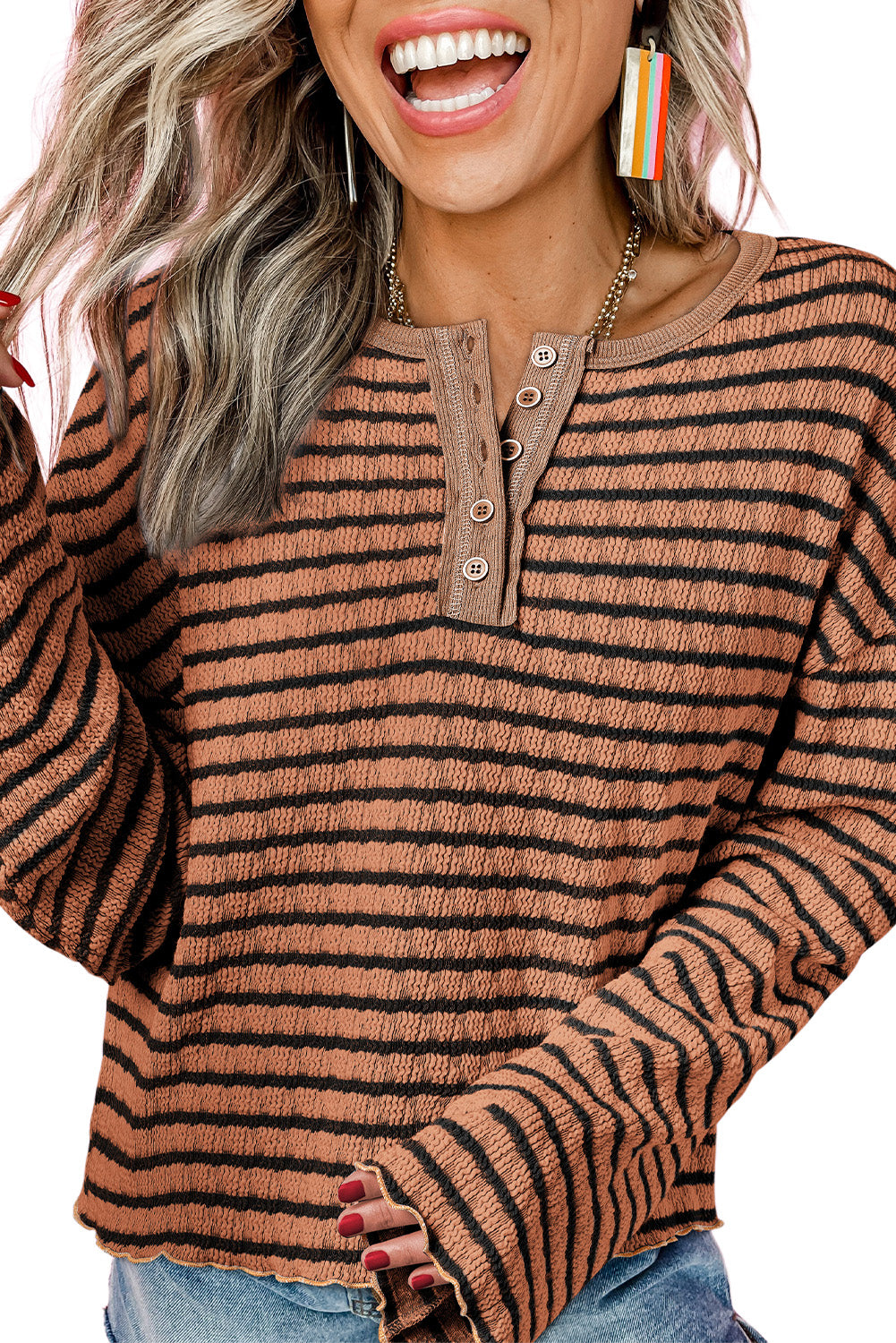Green Stripe Textured Frilly Trim Buttons Henley Long Sleeve Top