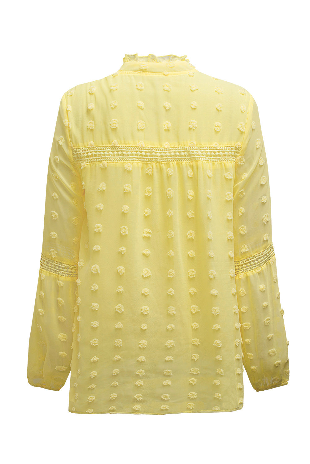Blue Ruffled Split Neck Lace Hollow Out Puff Sleeve Polka Dot Blouse