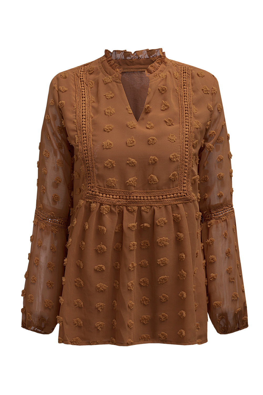 Blue Ruffled Split Neck Lace Hollow Out Puff Sleeve Polka Dot Blouse