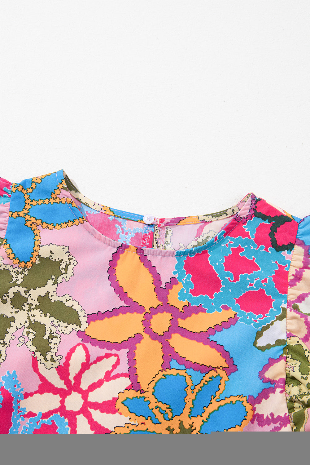Multicolor Vibrant Floral Print Trimmed Ruffle Sleeve Blouse