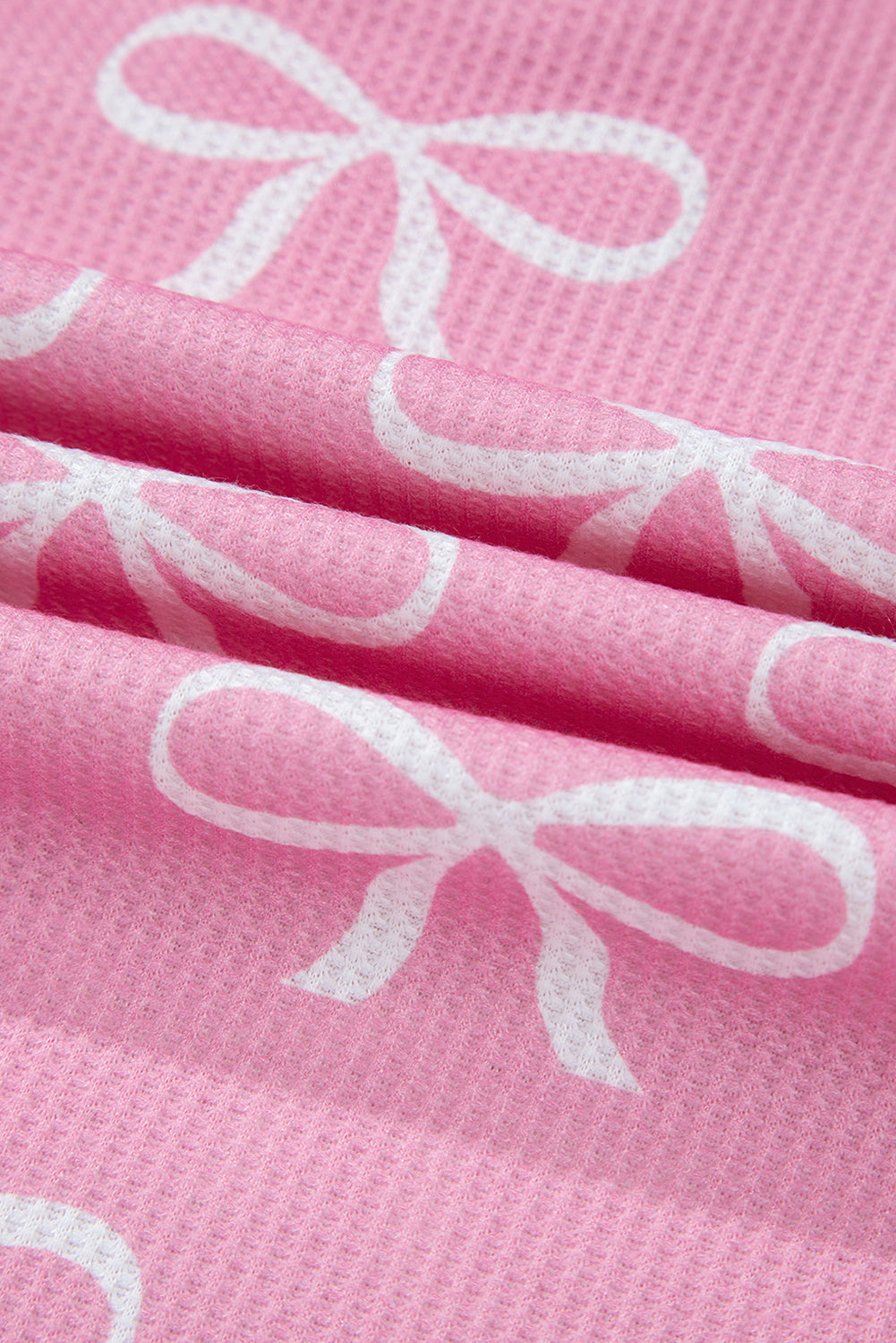 Pink Waffle Knit Bowknot Printed V Neck T Shirt and Shorts Set
