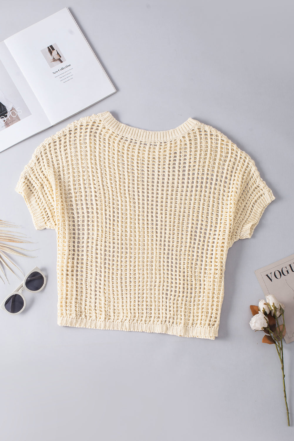 Black Fishnet Knit Ribbed Round Neck Short Sleeve Sweater Tee