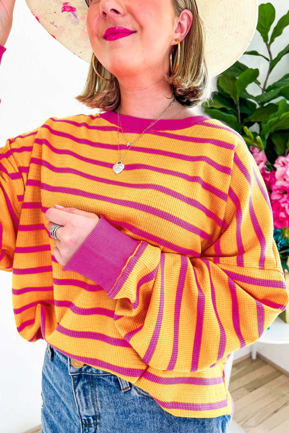 Pink Stripe Trimmed Round Neck Drop Shoulder Loose Sweater