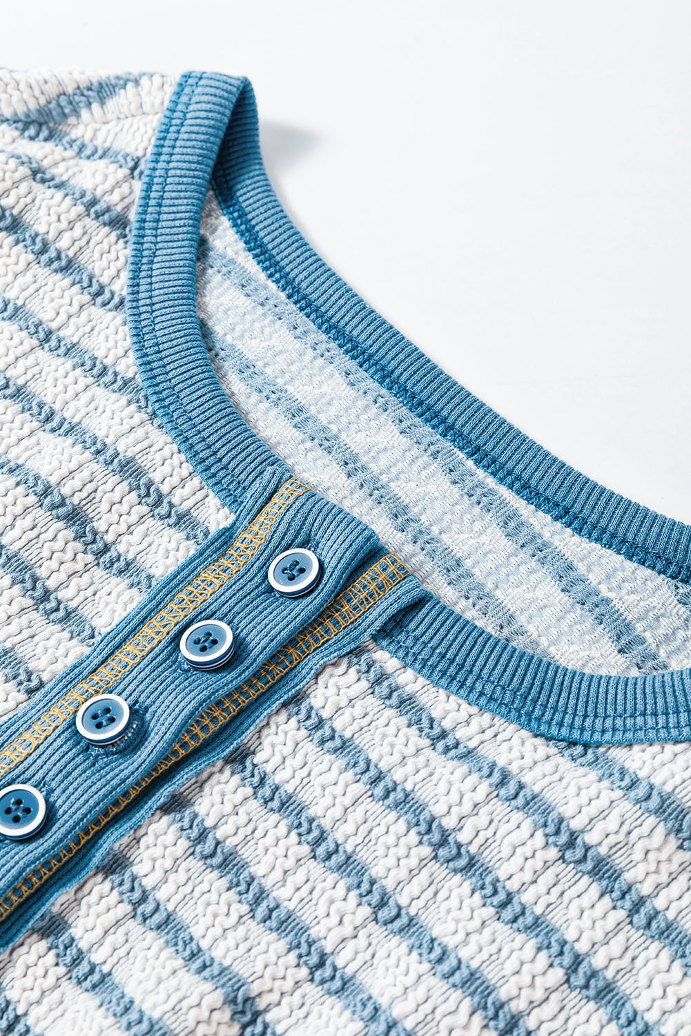 Green Stripe Textured Frilly Trim Buttons Henley Long Sleeve Top