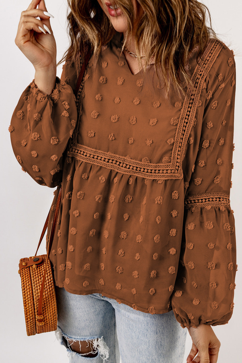 Blue Ruffled Split Neck Lace Hollow Out Puff Sleeve Polka Dot Blouse
