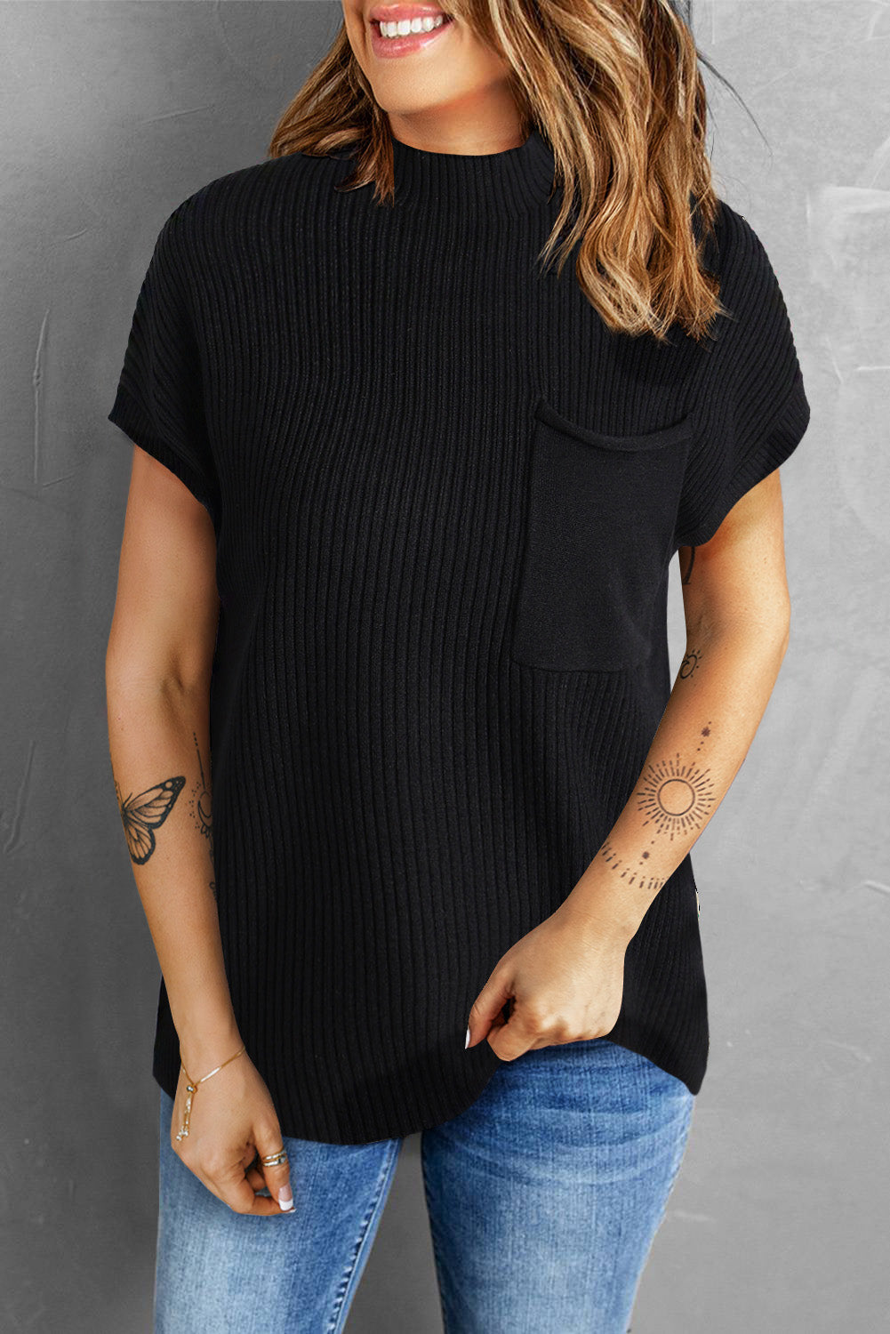 Beau Blue Patch Pocket Ribbed Knit Short Sleeve Sweater