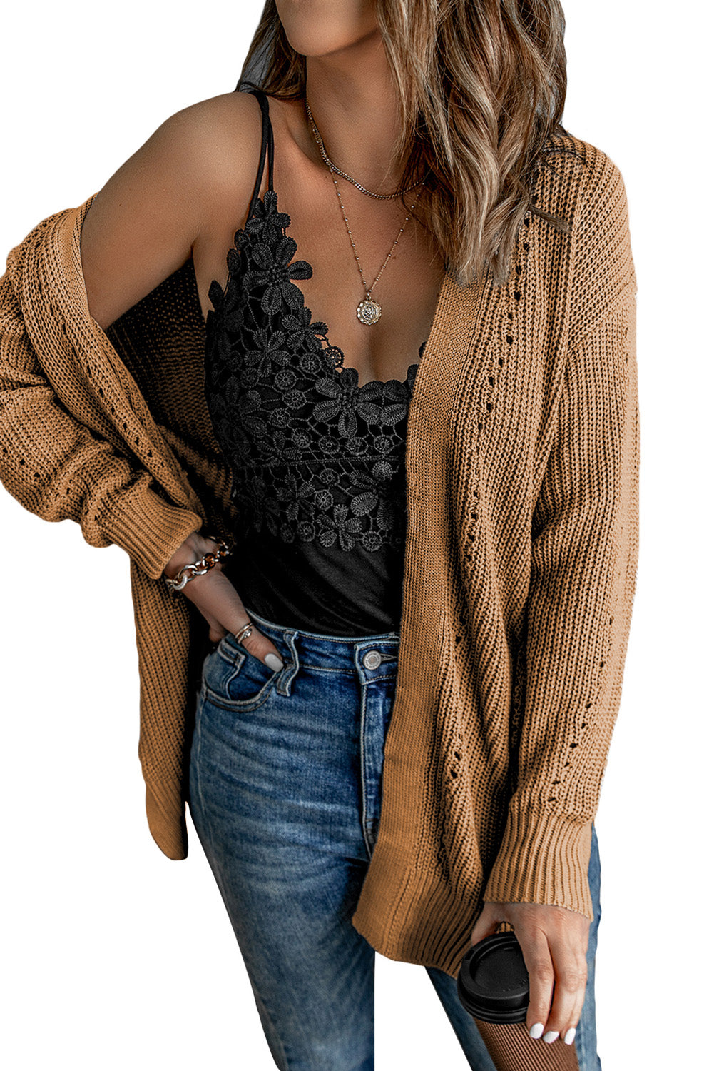 Apricot Drop Sleeve Cable Knit Cardigan with Slits