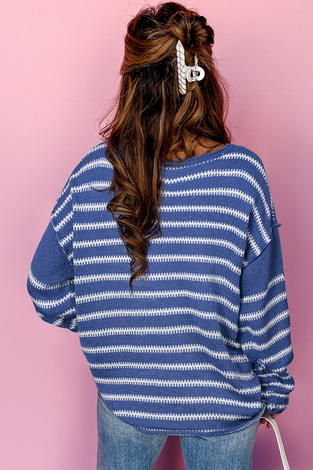 Khaki Stripe Drop Shoulder Casual Sweater