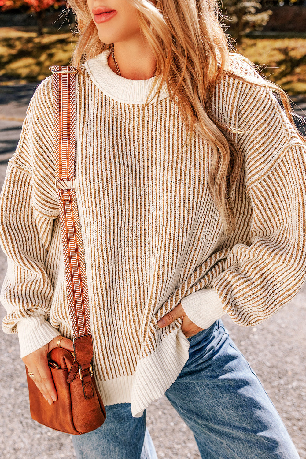 Dark Blue Striped Textured Knit Contrast Edge Loose Sweater