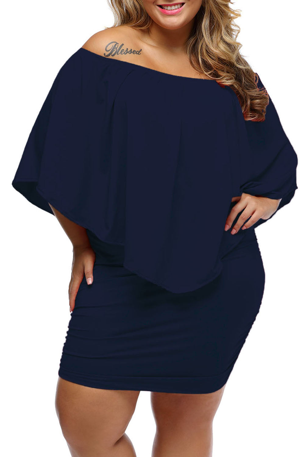 Multiple Dressing Layered Dark Blue Mini Poncho Dress