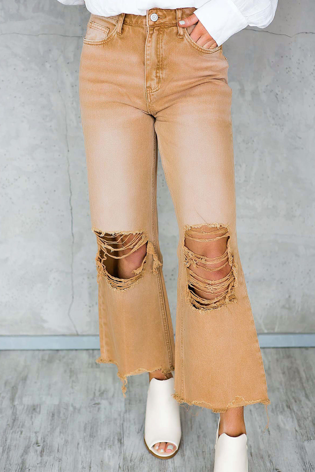 Black Distressed Hollow-out High Waist Cropped Flare Jeans
