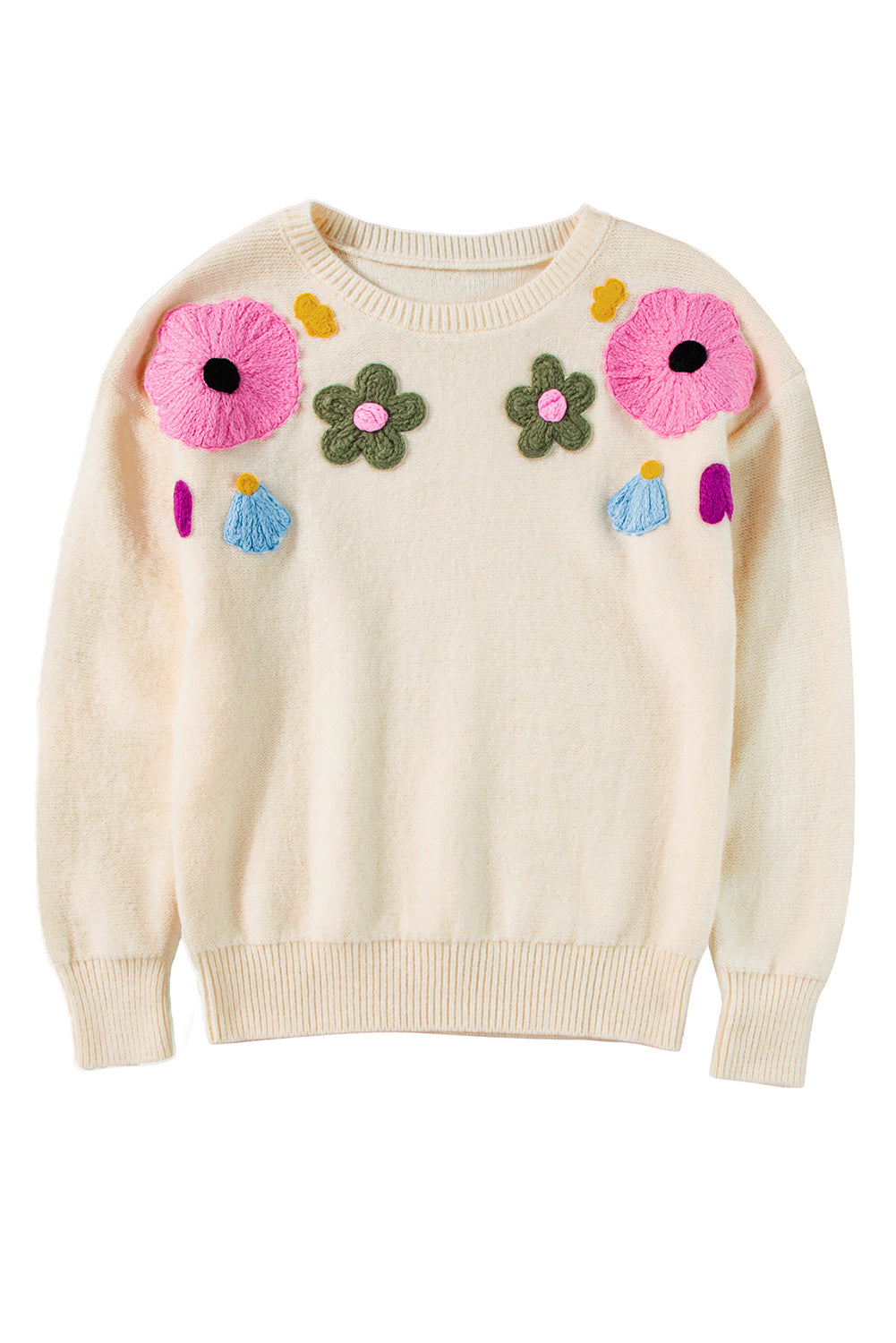 Light Blue Knitted Flower Pattern Ribbed Edge Sweater