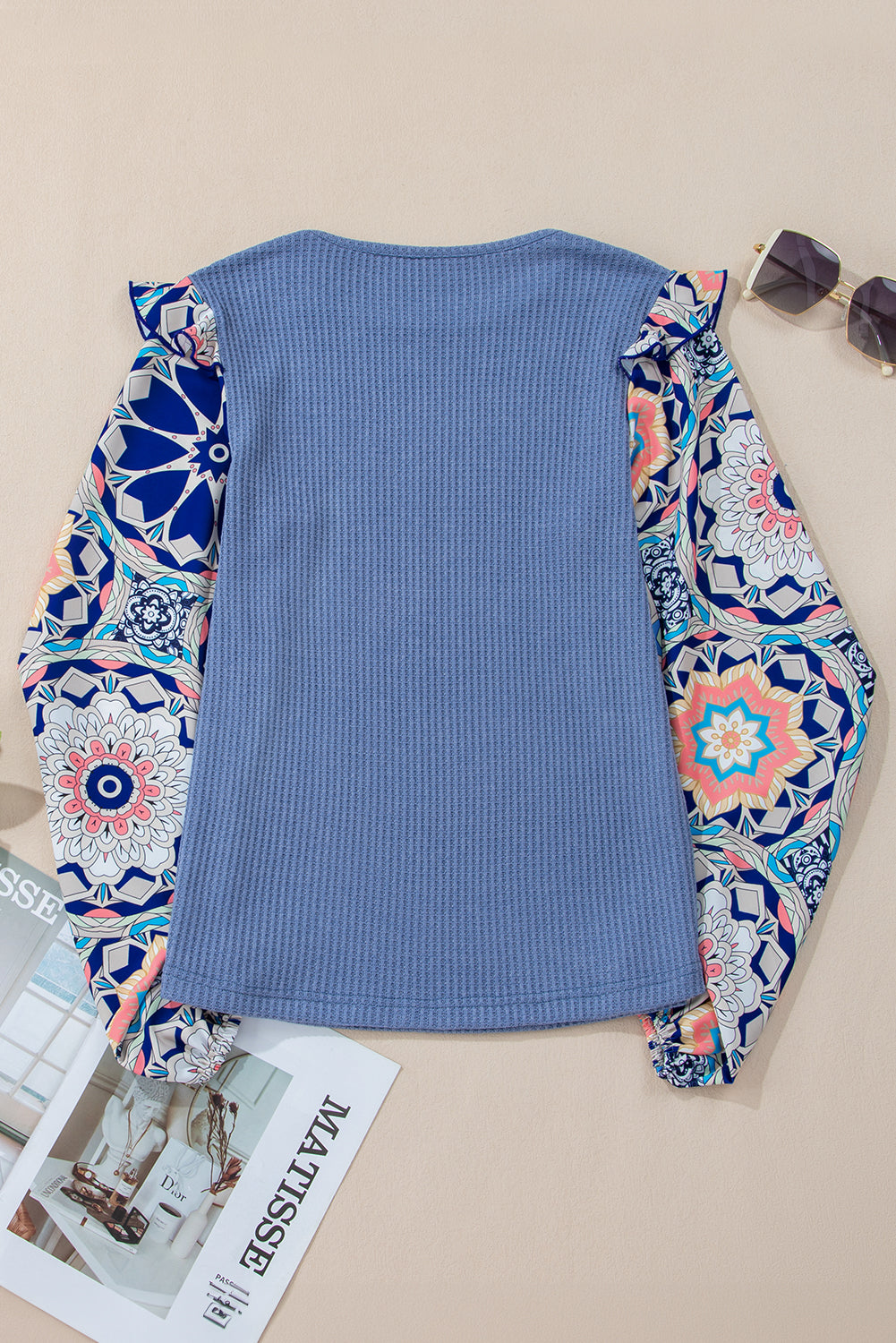 Coffee Ruffled Floral Sleeve Patchwork Waffle Knit O Neck Blouse