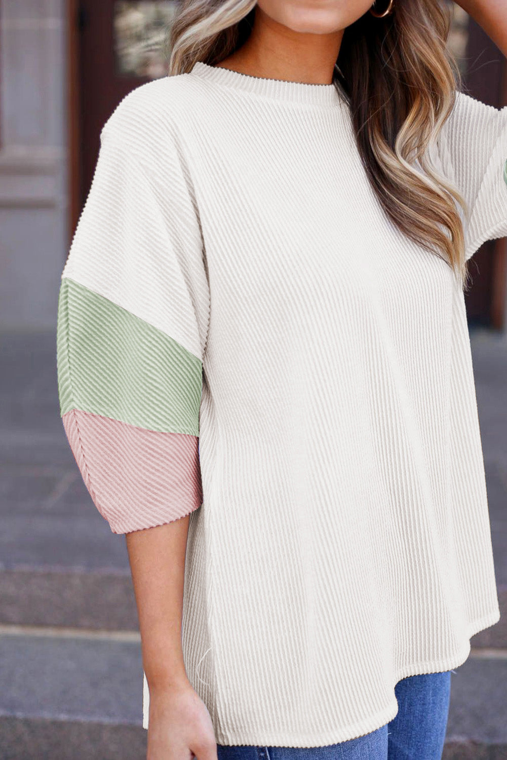 Carbon Grey Color Block Ribbed Knit Quarter Sleeve Top