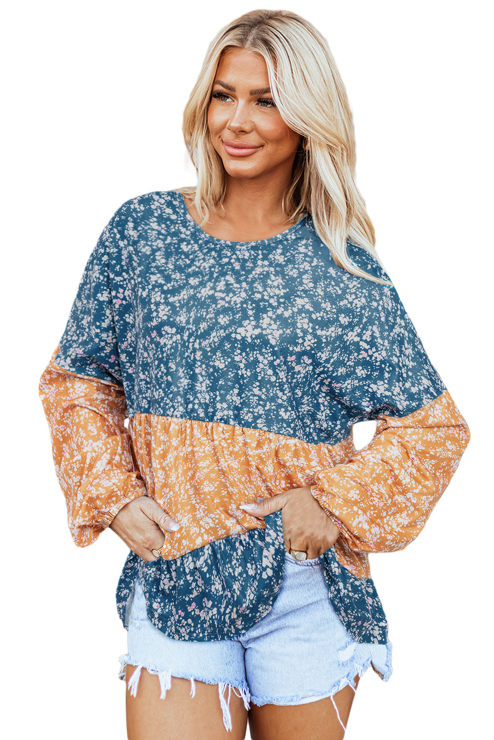 Blue Floral Color Block Patchwork Ruffled Hem Round Neck Blouse