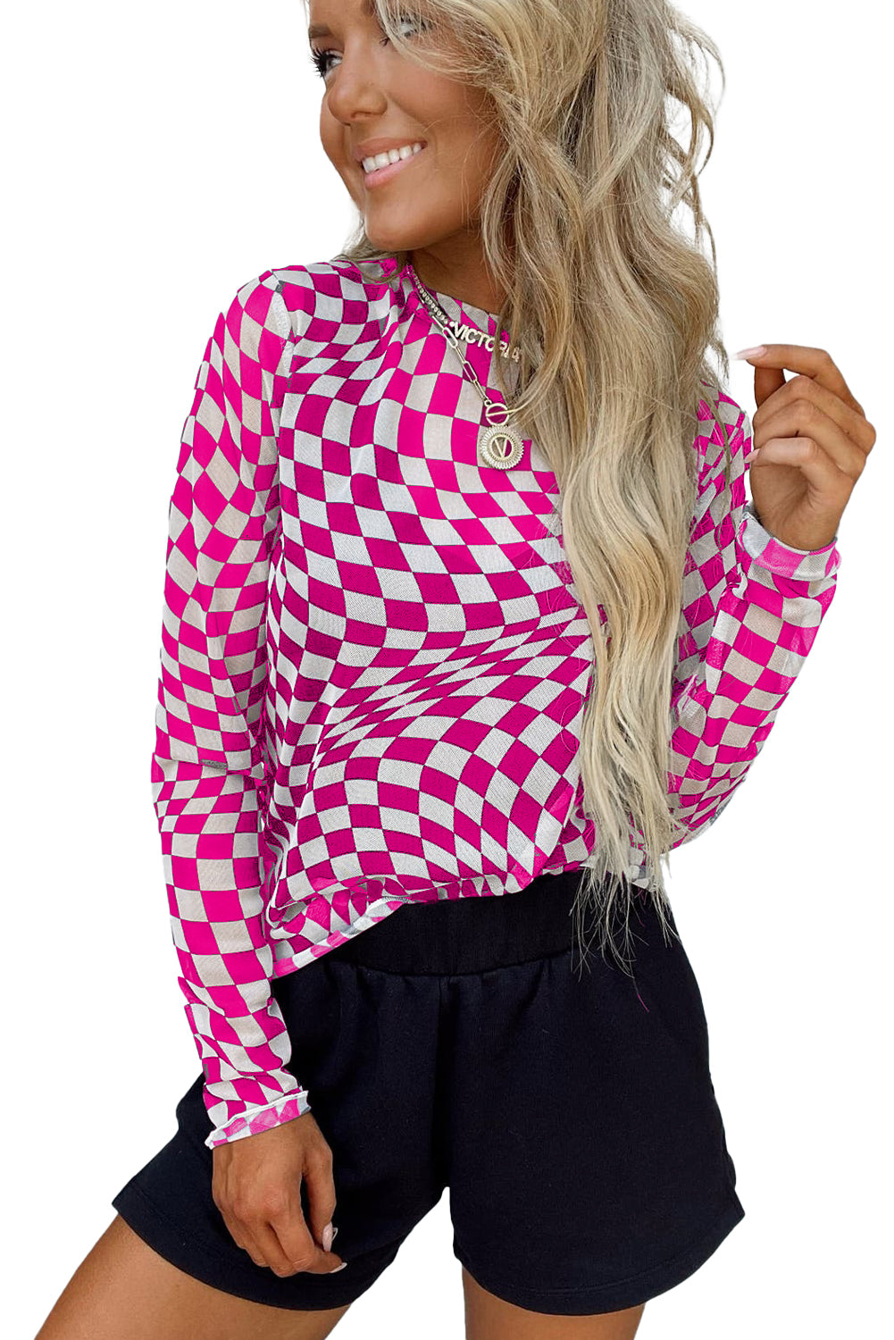 Khaki Checkered Pattern Mesh Mock Neck Long Sleeve Top