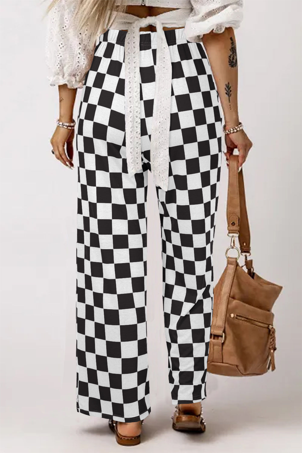 Green 2-Tone Checked Print High Waist Wide Leg Pants