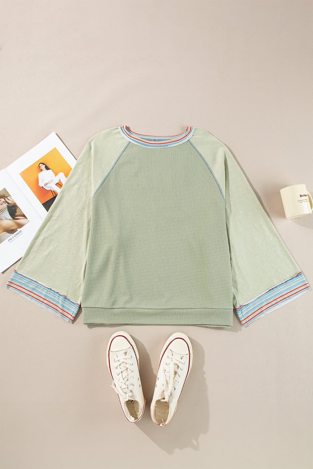 Grapefruit Orange Waffle Knit Wide Bracelet Sleeve Patchwork Raglan Top