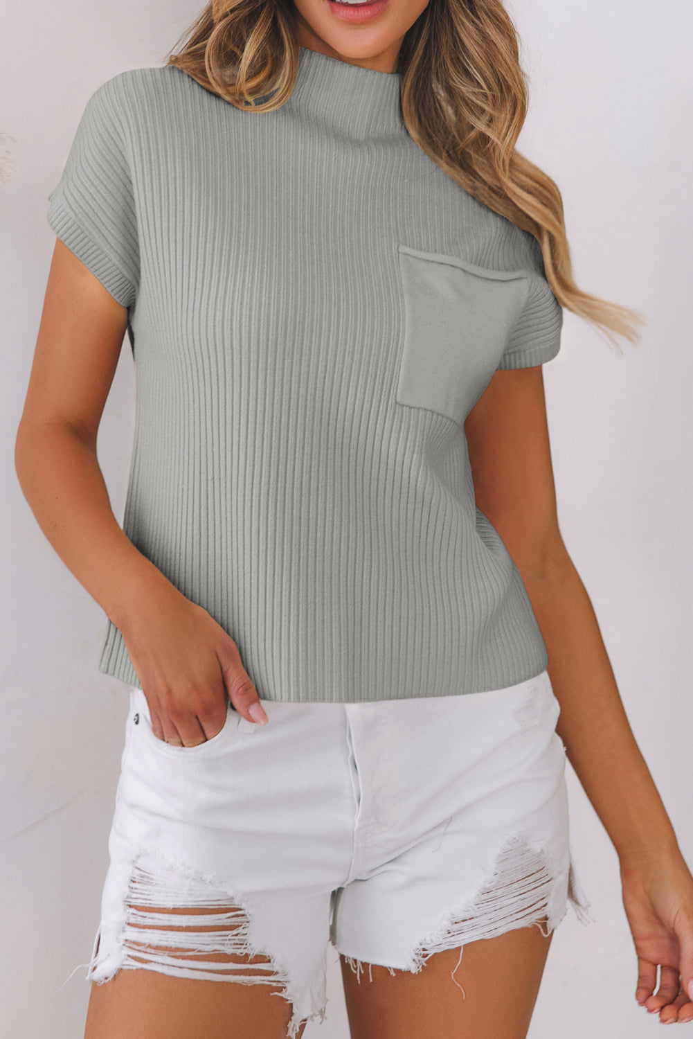 Beau Blue Patch Pocket Ribbed Knit Short Sleeve Sweater