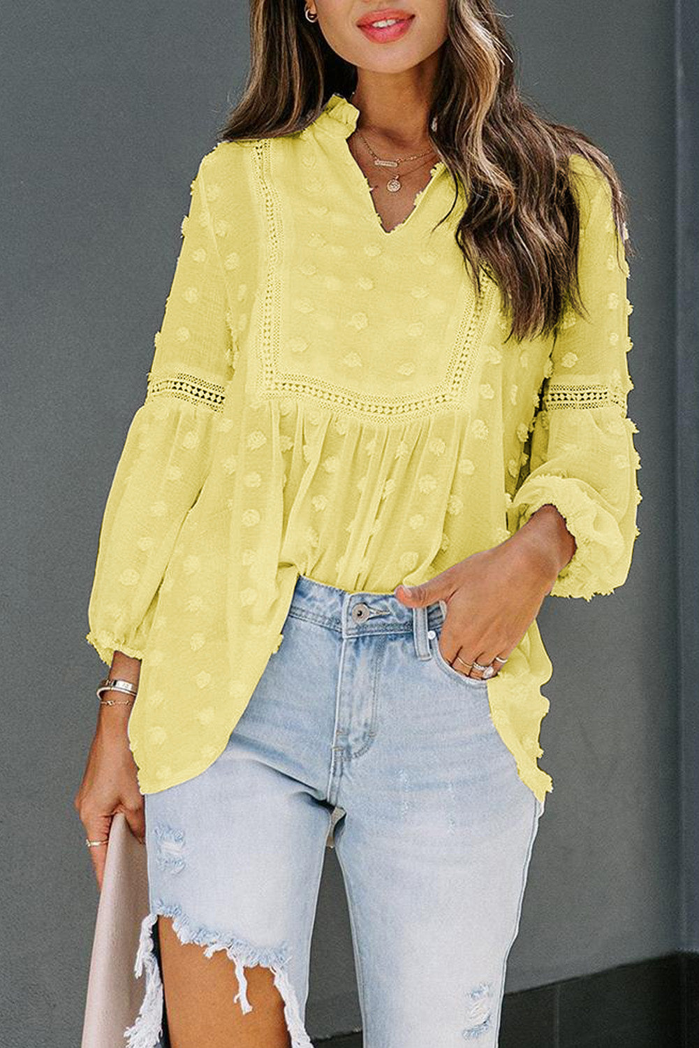 Blue Ruffled Split Neck Lace Hollow Out Puff Sleeve Polka Dot Blouse