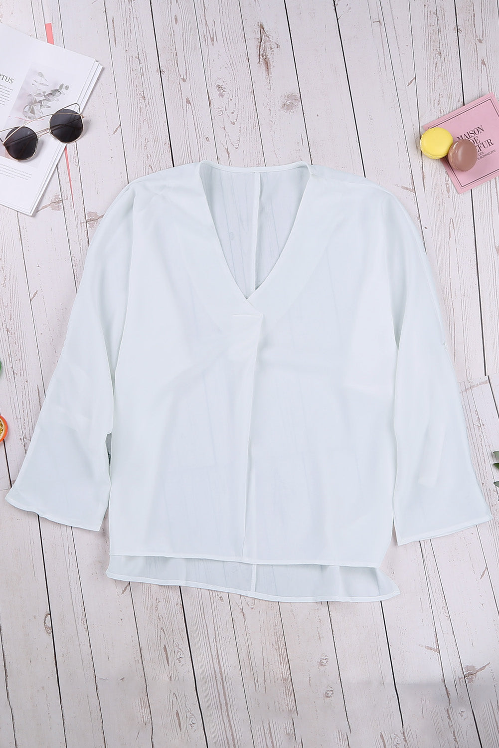 White V Neck 3/4 Sleeve High Low Hem Shirt