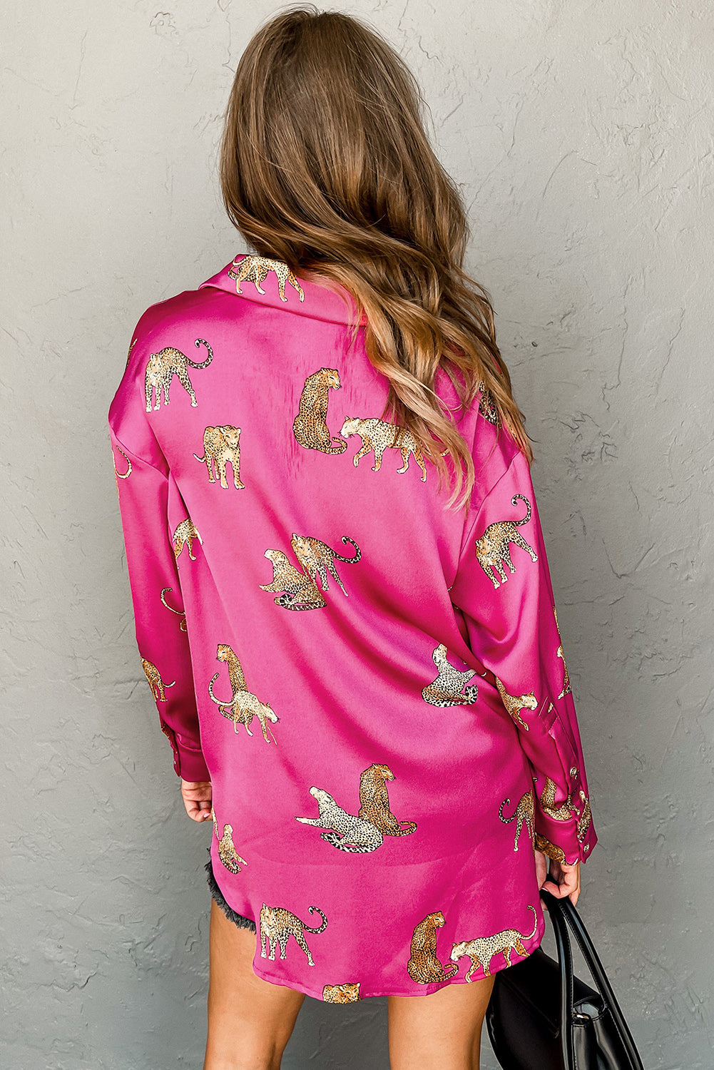 Russet Orange Cheetah Animal Print Button Up Satin Shirt