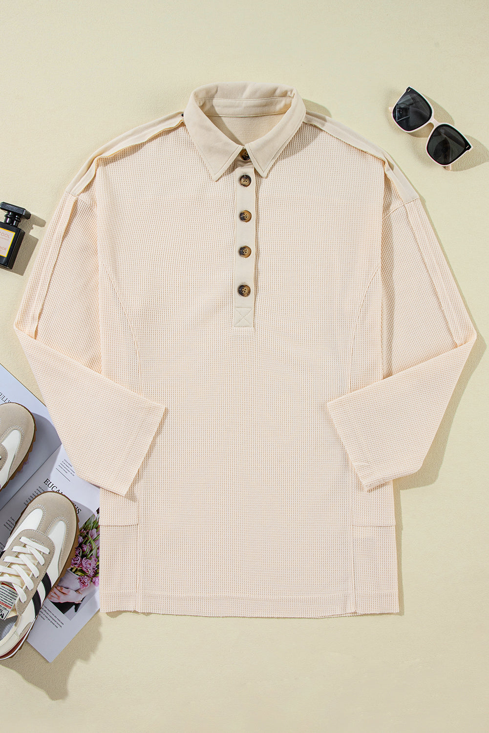 Smoke Green Waffle Long Sleeve Collar Half Button Loose Top