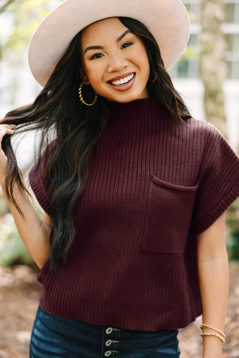 Beau Blue Patch Pocket Ribbed Knit Short Sleeve Sweater