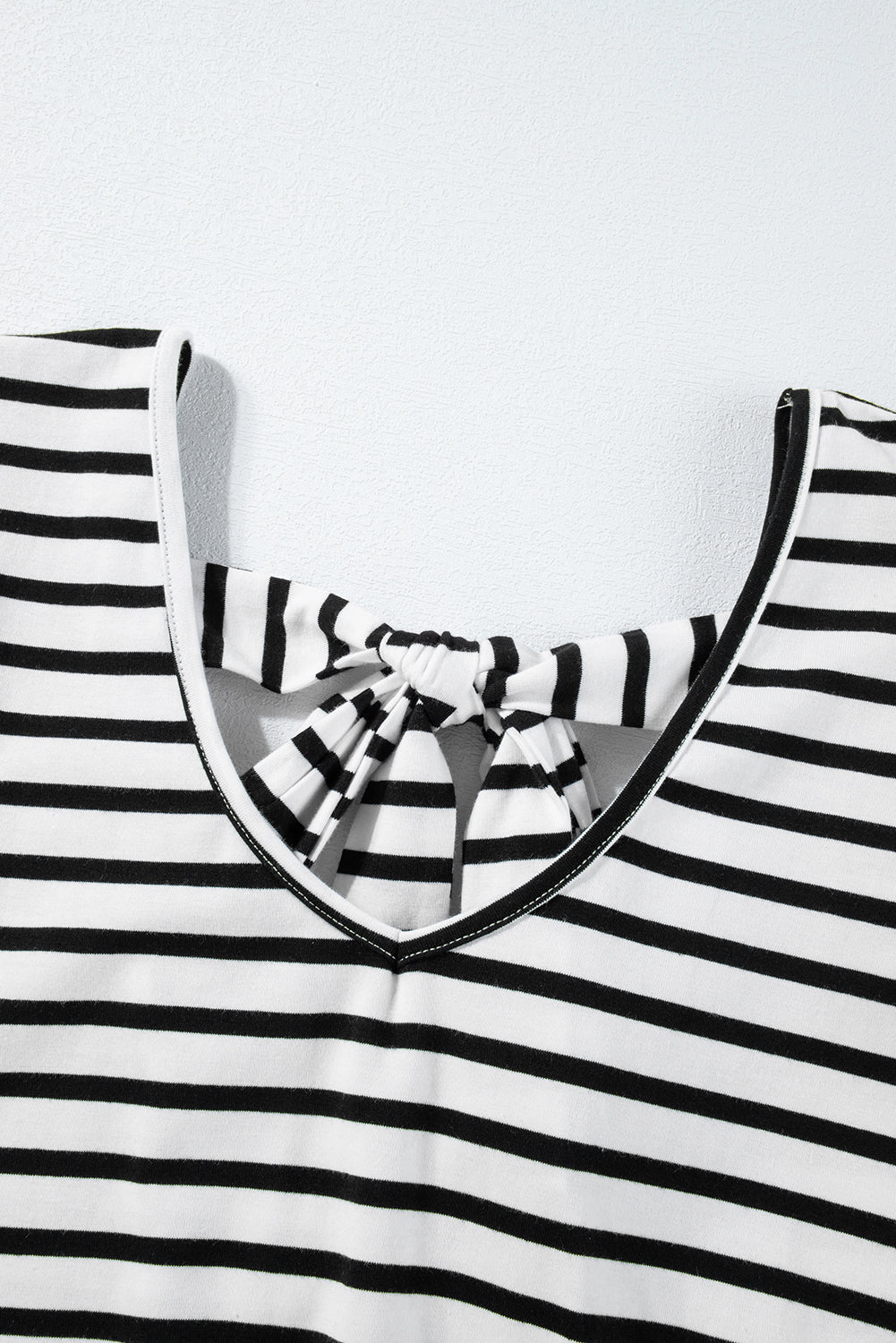 Pink Stripe Butterfly Sleeve V Neck Hollowed Knot Back T Shirt