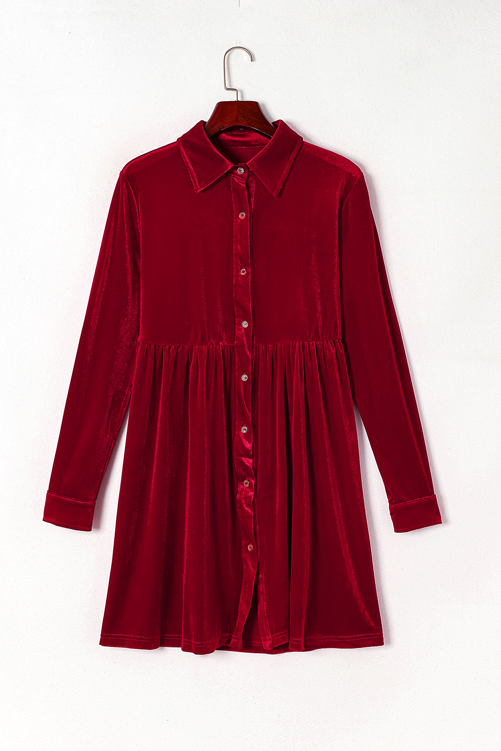 Green Long Sleeve Ruffle Velvet Button Up Dress