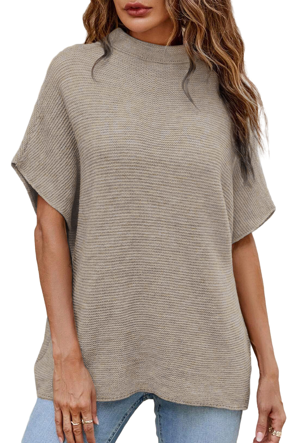 Medium Grey High Neck Short Bat Sleeve Sweater