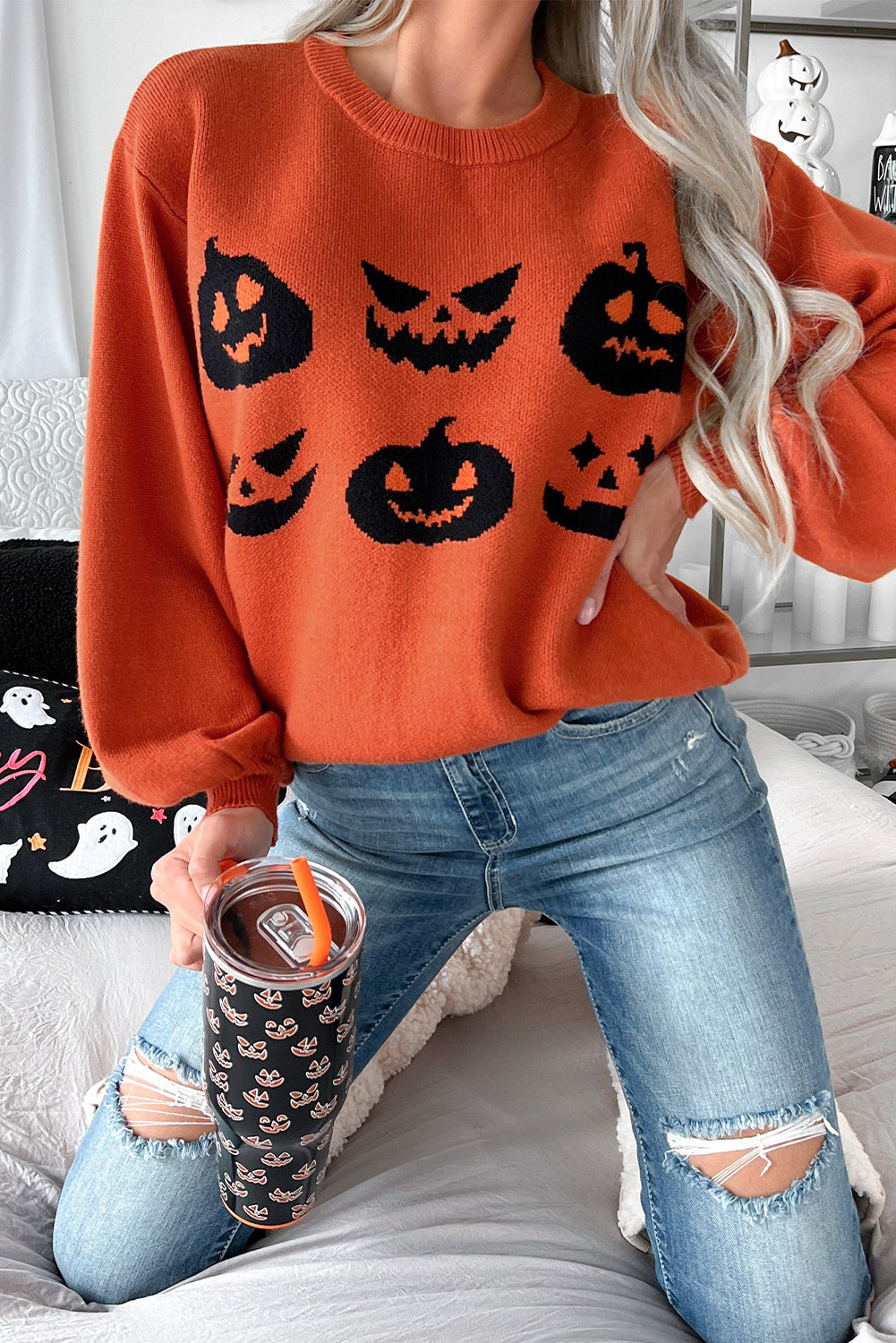 Black Halloween Pumpkin Face Pattern Drop Shoulder Sweater