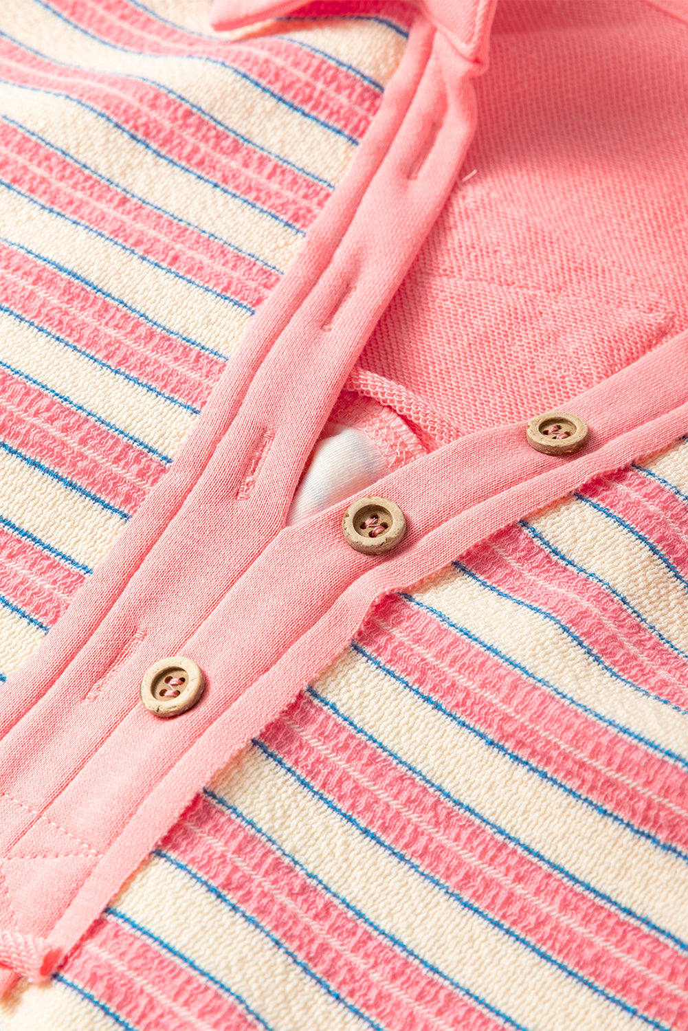 Blue Stripe Buttoned V Neck Collared Drop Shoulder Top