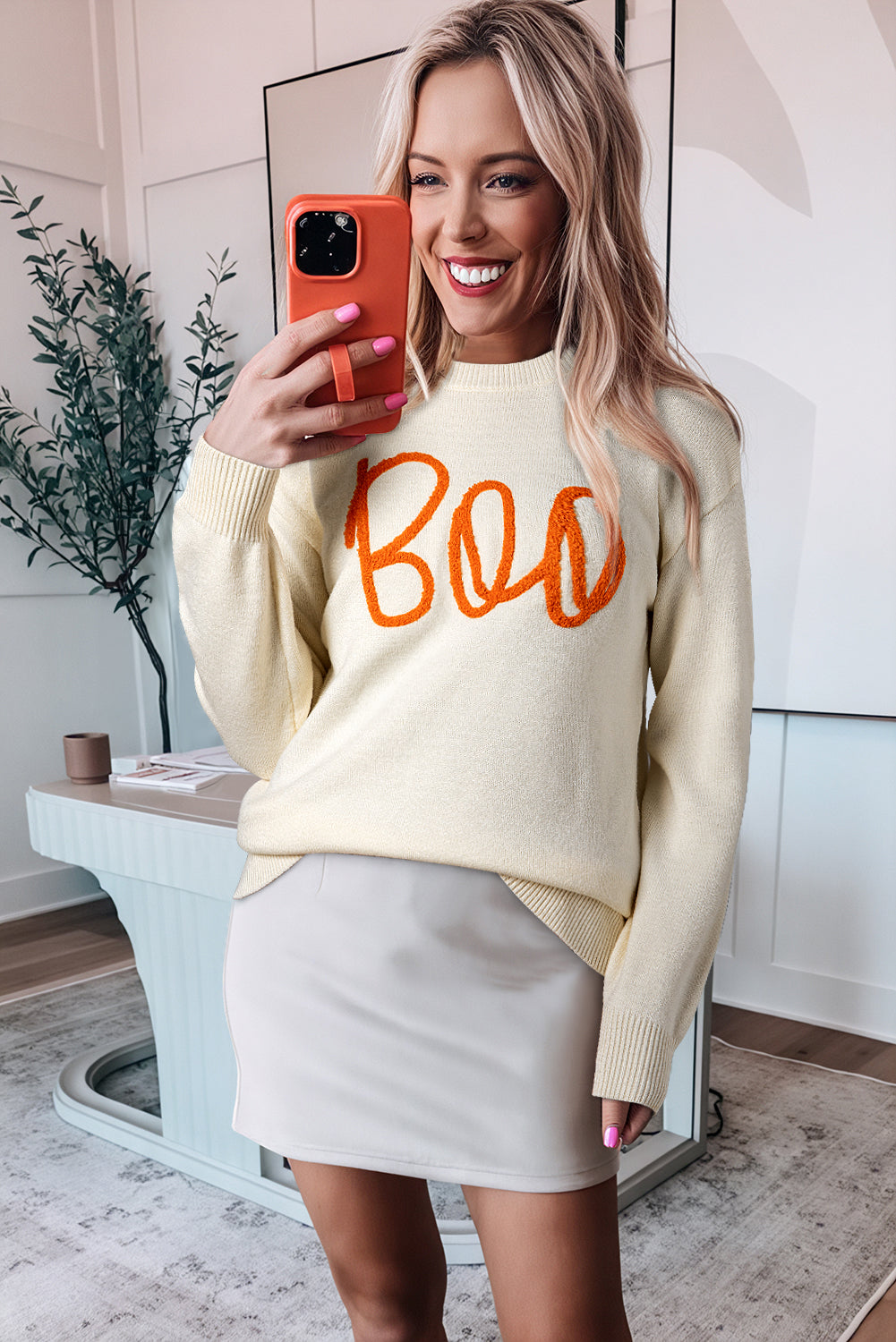 Orange Boo Knitted Pattern Ribbed Edge Drop Shoulder Sweater