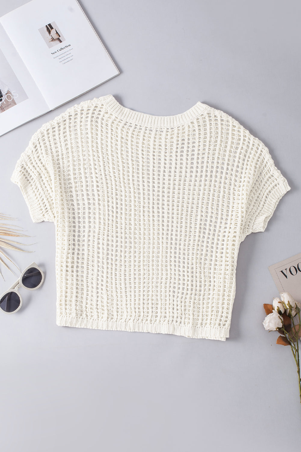Black Fishnet Knit Ribbed Round Neck Short Sleeve Sweater Tee