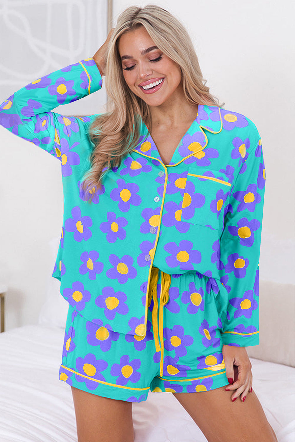 Pink Flower Print Long Sleeve Shirt Shorts Pajamas Set