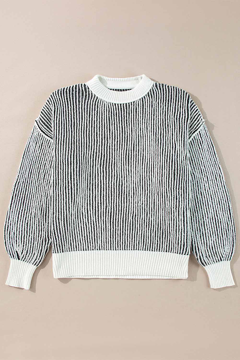 Dark Blue Striped Textured Knit Contrast Edge Loose Sweater
