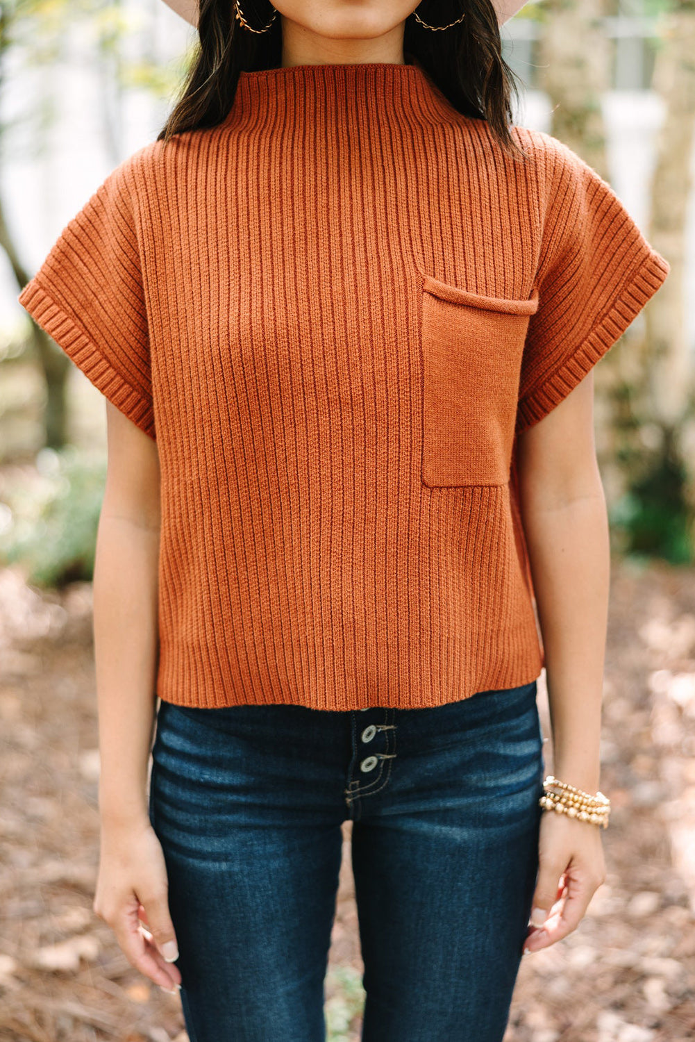 Beau Blue Patch Pocket Ribbed Knit Short Sleeve Sweater