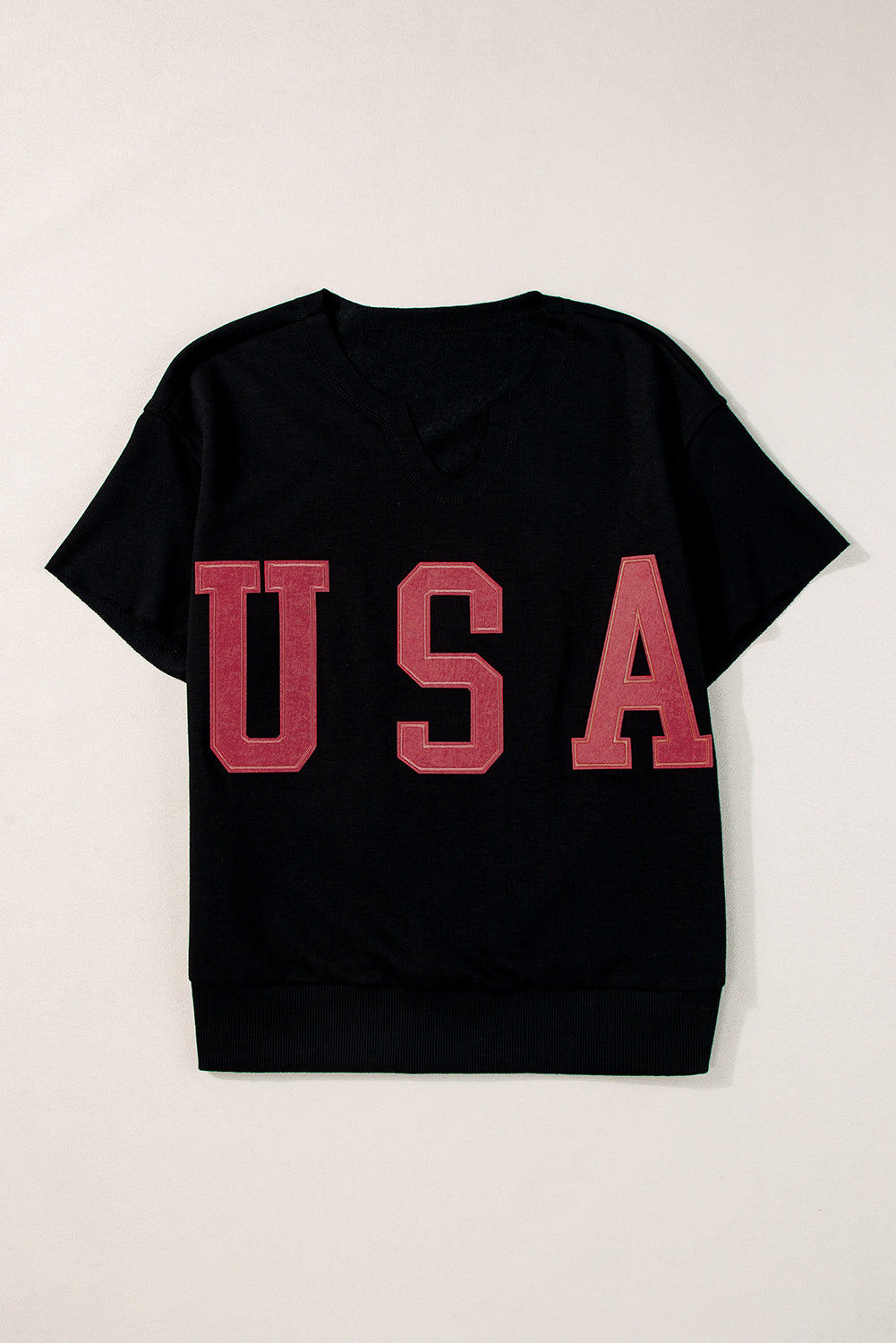 Light Grey USA Lettering Patch Notched Neck Loose Tee