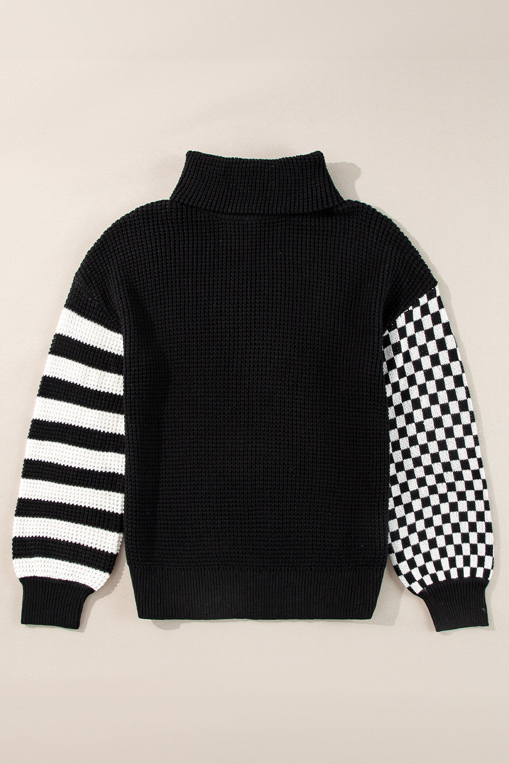 Smoke Gray Striped Plaid Patchwork Waffle Knit Turtleneck Sweater
