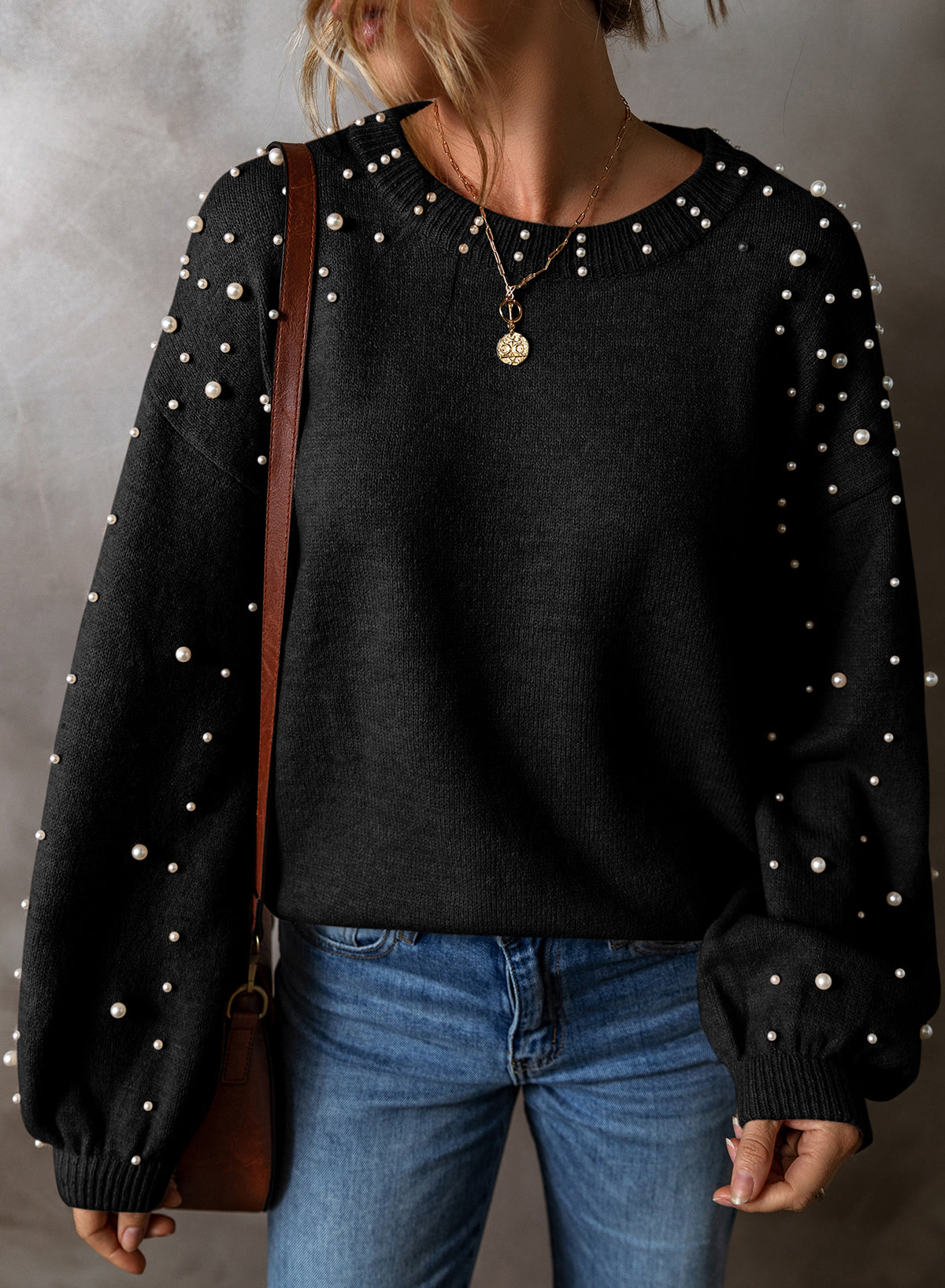 Light Grey Pearled Drop Shoulder Round Neck Sweater