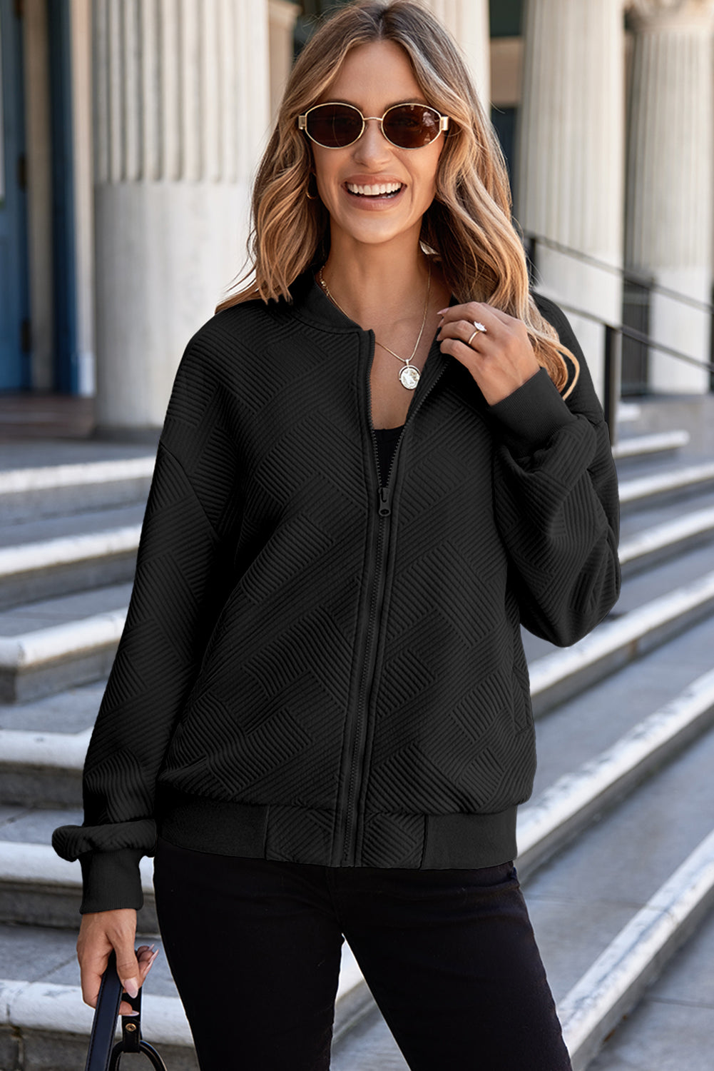 Myosotis Solid Textured Stand Neck Zipper Bomber Jacket