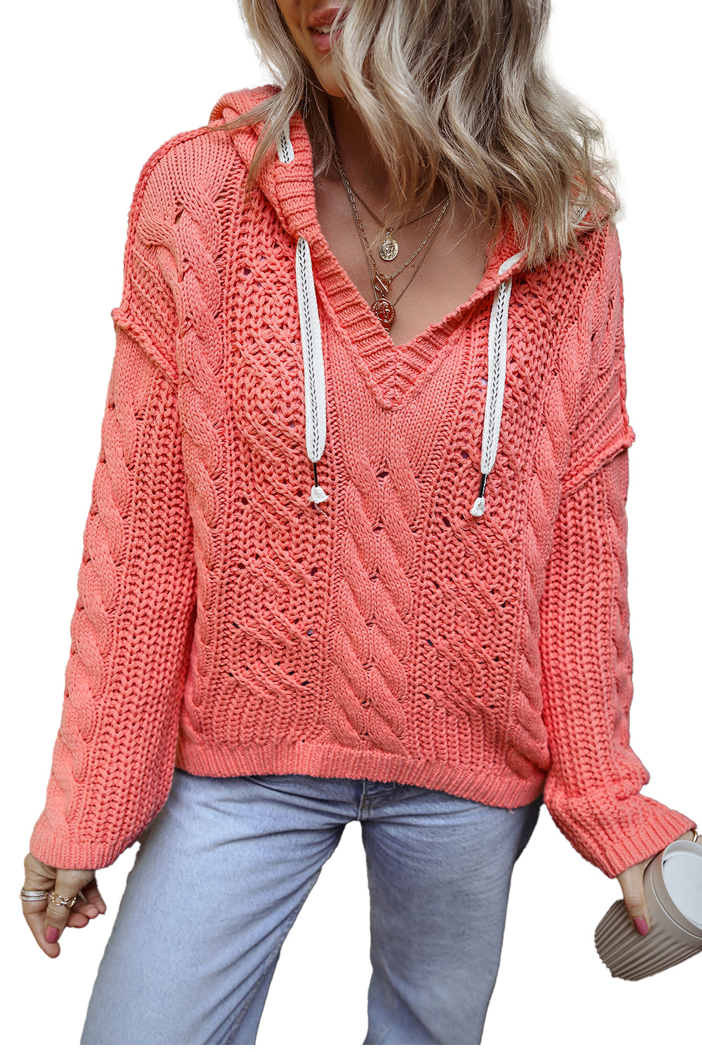 Sea Green Cable Knit V Neck Contrast Drawstring Hooded Sweater